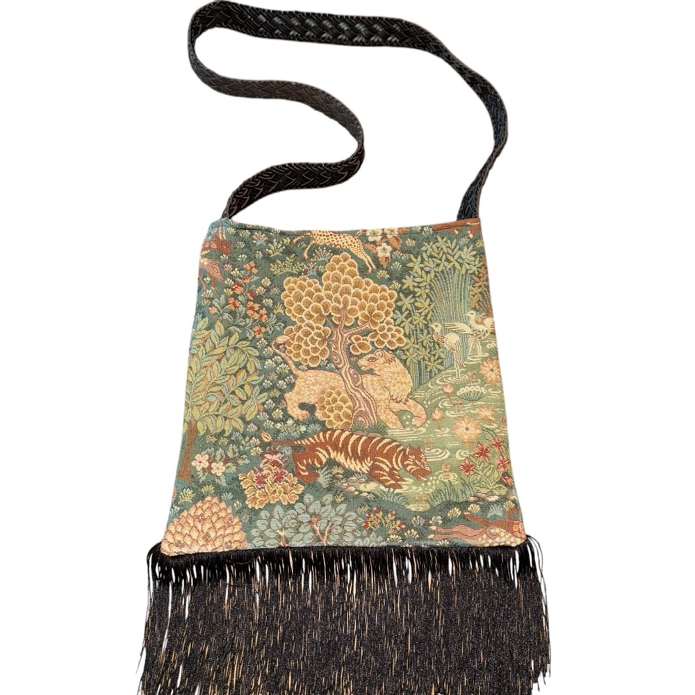 Upcycled Boho Fringe Crossbody Shoulder Bag Cheetah Handmade Reworked Crossbody - Picture 4 of 8